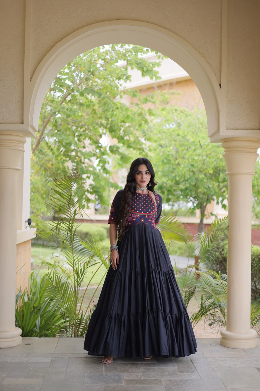 Traditional Kora Cotton Multi-Thread Mirror Work Designer Gown