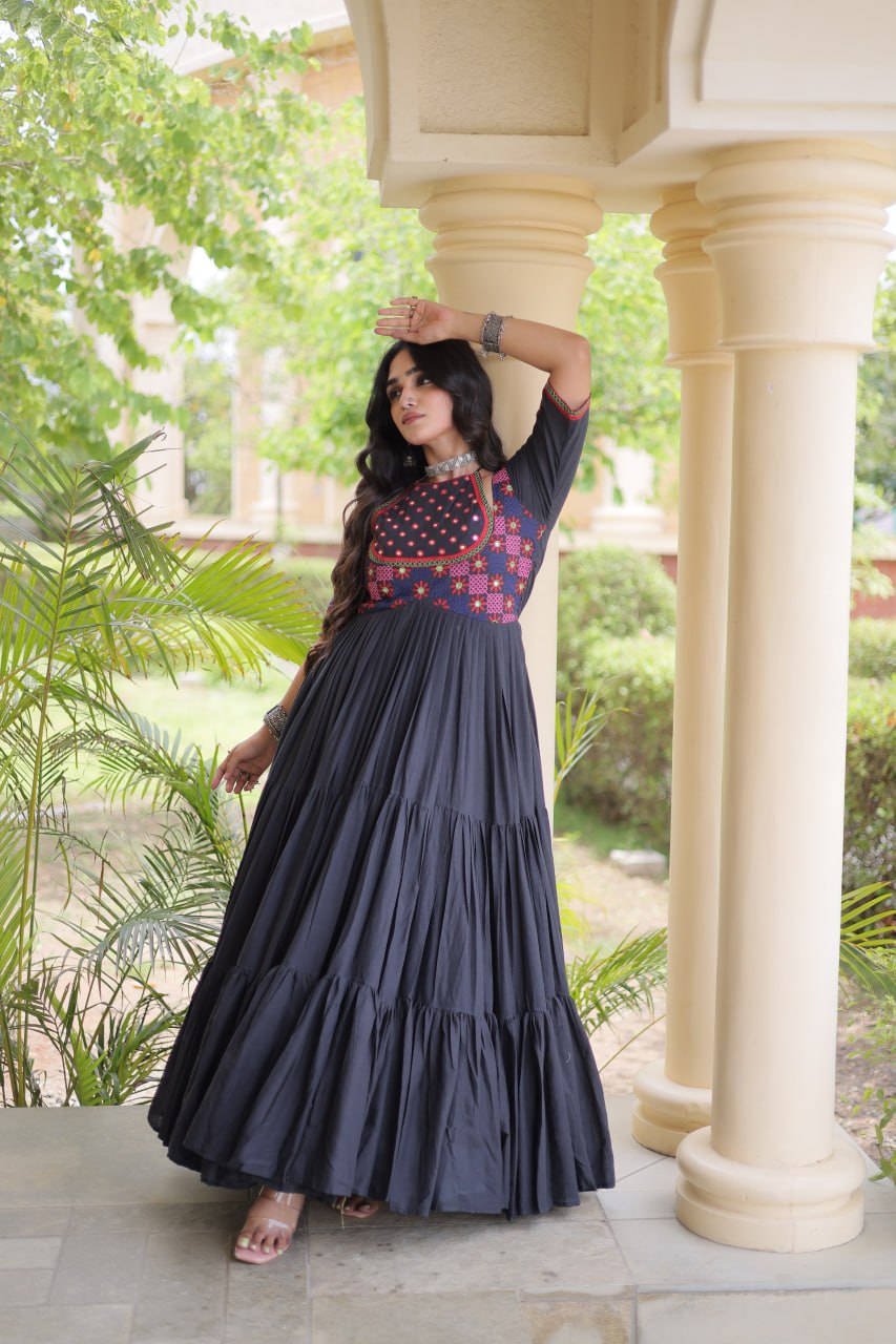 Traditional Kora Cotton Multi-Thread Mirror Work Designer Gown