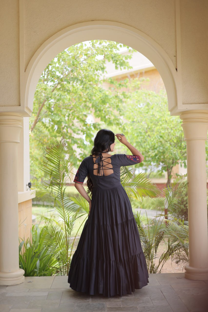 Traditional Kora Cotton Multi-Thread Mirror Work Designer Gown
