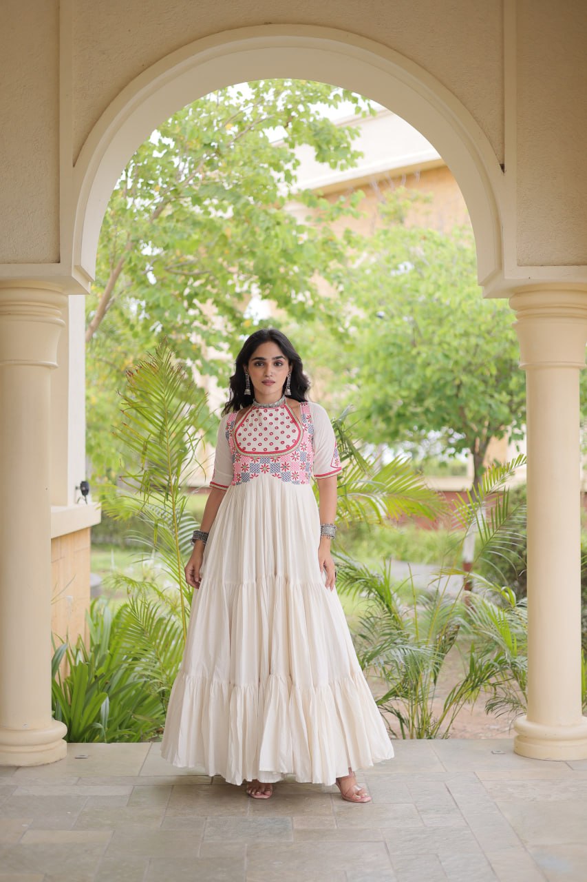 Traditional Kora Cotton Multi-Thread Mirror Work Designer Gown