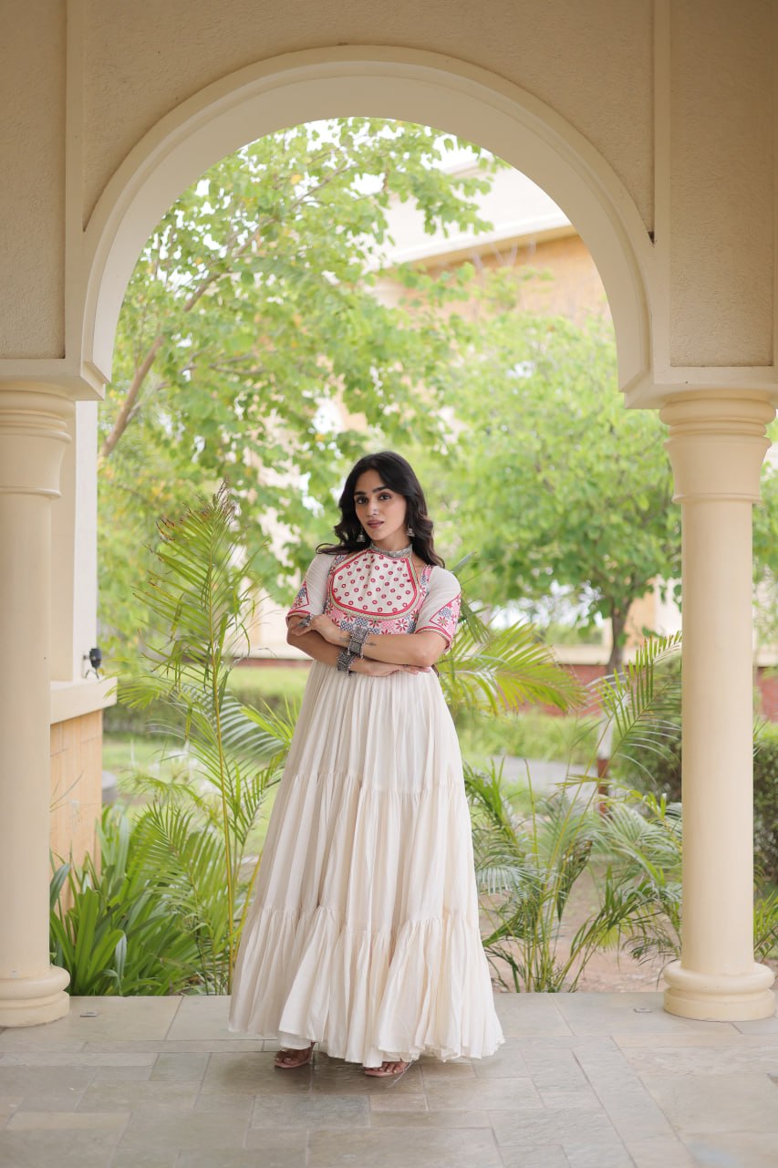 Traditional Kora Cotton Multi-Thread Mirror Work Designer Gown