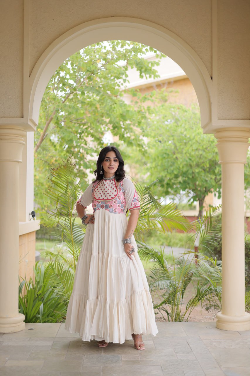 Traditional Kora Cotton Multi-Thread Mirror Work Designer Gown