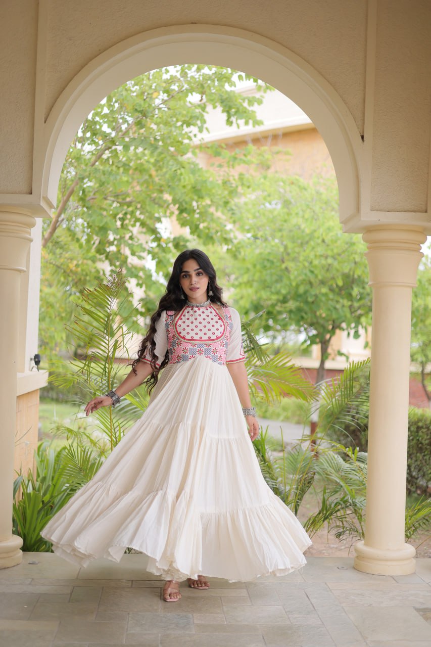 Traditional Kora Cotton Multi-Thread Mirror Work Designer Gown