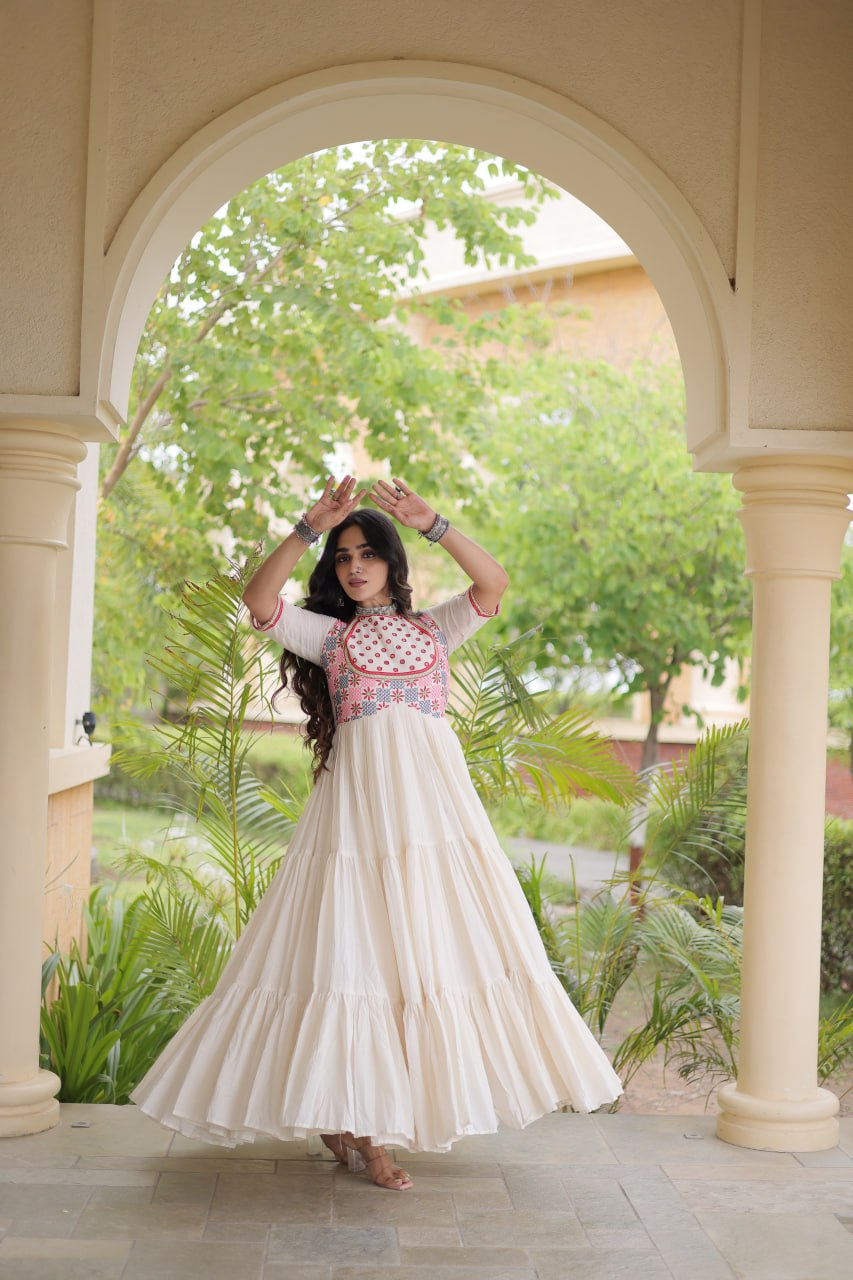 Traditional Kora Cotton Multi-Thread Mirror Work Designer Gown