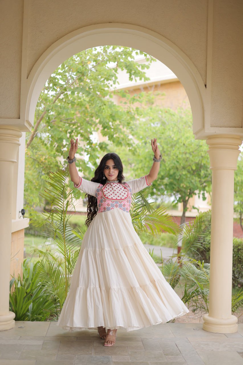 Traditional Kora Cotton Multi-Thread Mirror Work Designer Gown