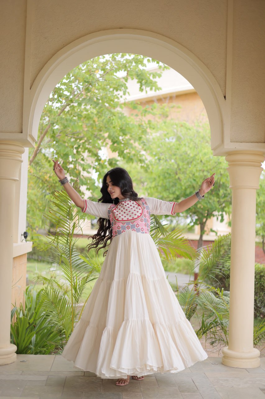 Traditional Kora Cotton Multi-Thread Mirror Work Designer Gown