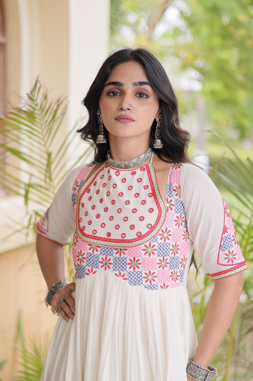 Traditional Kora Cotton Multi-Thread Mirror Work Designer Gown