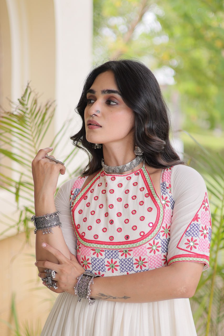 Traditional Kora Cotton Multi-Thread Mirror Work Designer Gown