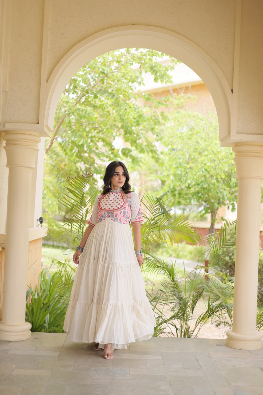 Traditional Kora Cotton Multi-Thread Mirror Work Designer Gown