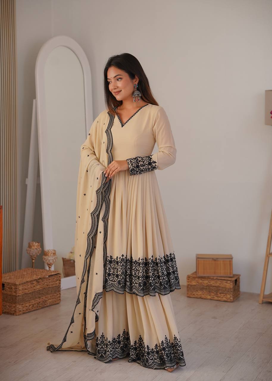 Premium Faux Georgette Embroidered Suit with Palazzo & Dupatta Set