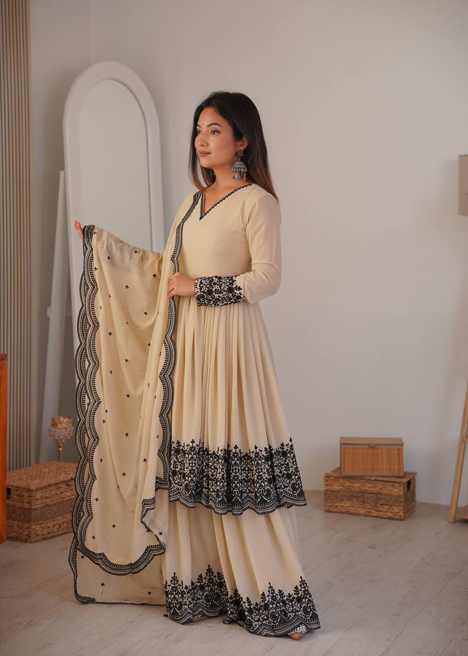 Premium Faux Georgette Embroidered Suit with Palazzo & Dupatta Set