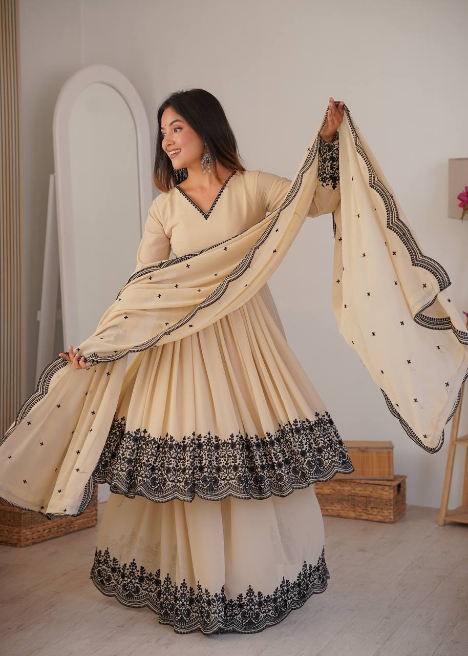 Premium Faux Georgette Embroidered Suit with Palazzo & Dupatta Set