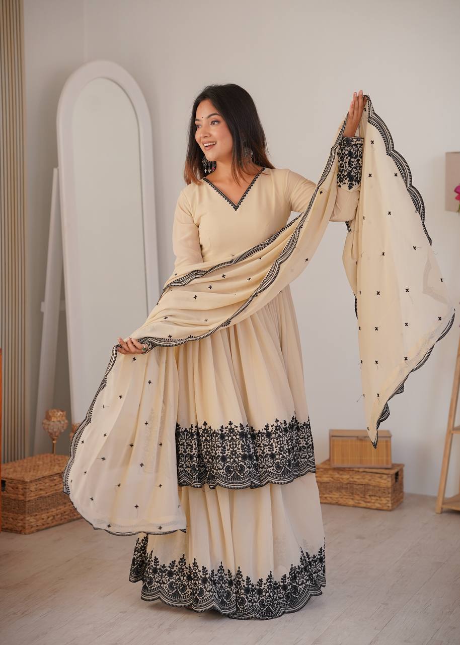 Premium Faux Georgette Embroidered Suit with Palazzo & Dupatta Set