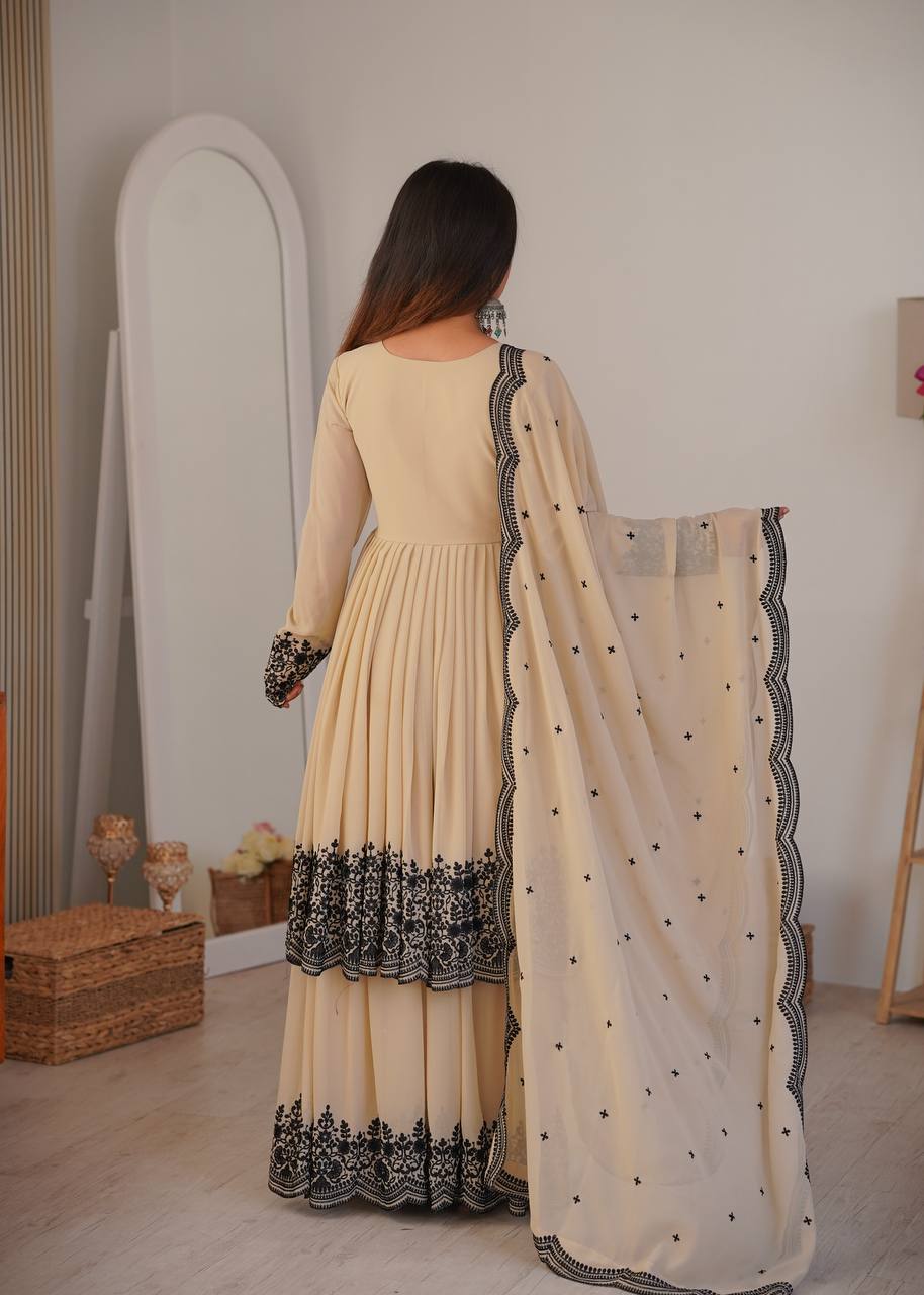 Premium Faux Georgette Embroidered Suit with Palazzo & Dupatta Set