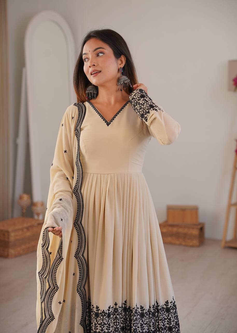 Premium Faux Georgette Embroidered Suit with Palazzo & Dupatta Set