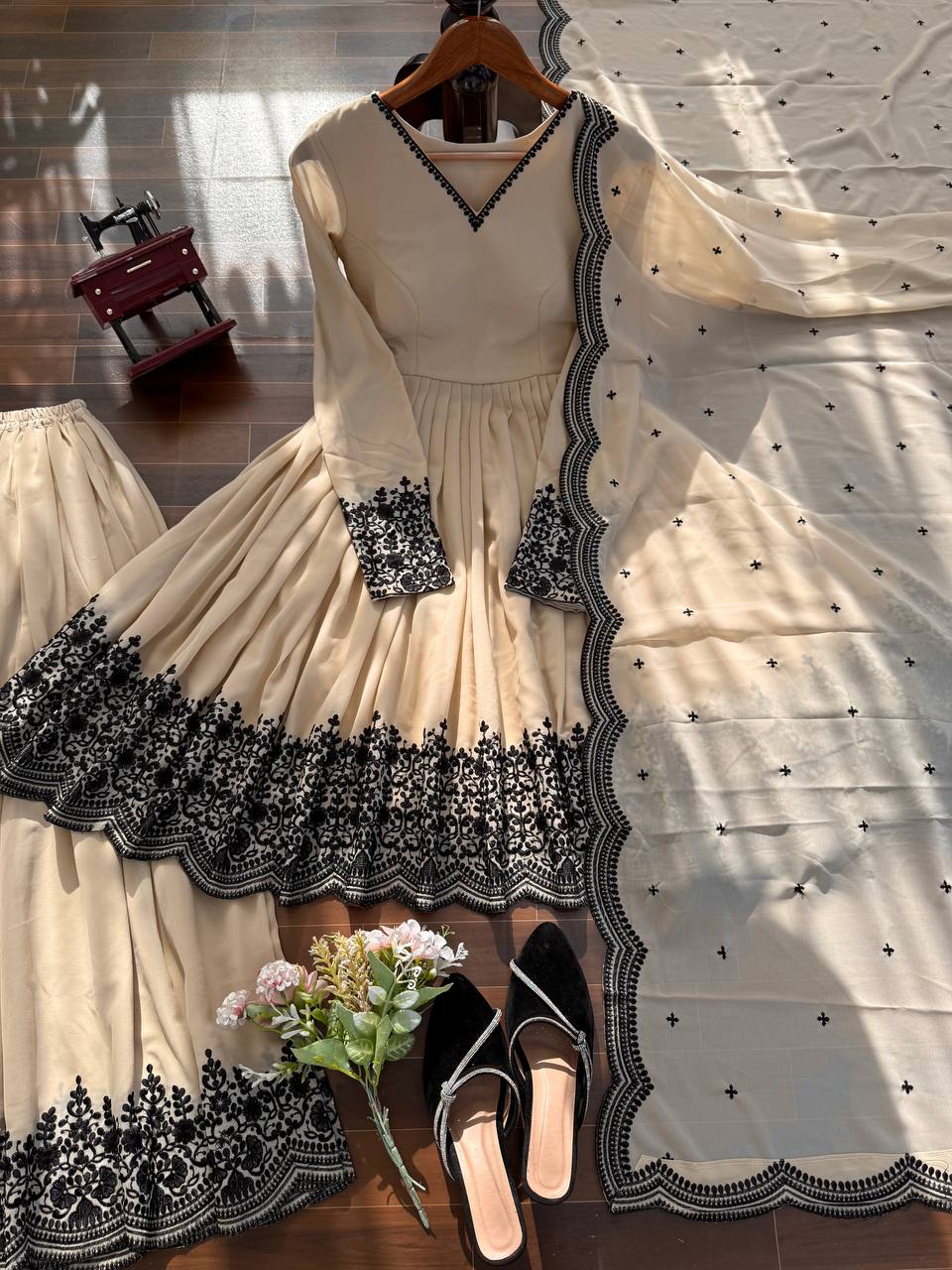 Premium Faux Georgette Embroidered Suit with Palazzo & Dupatta Set