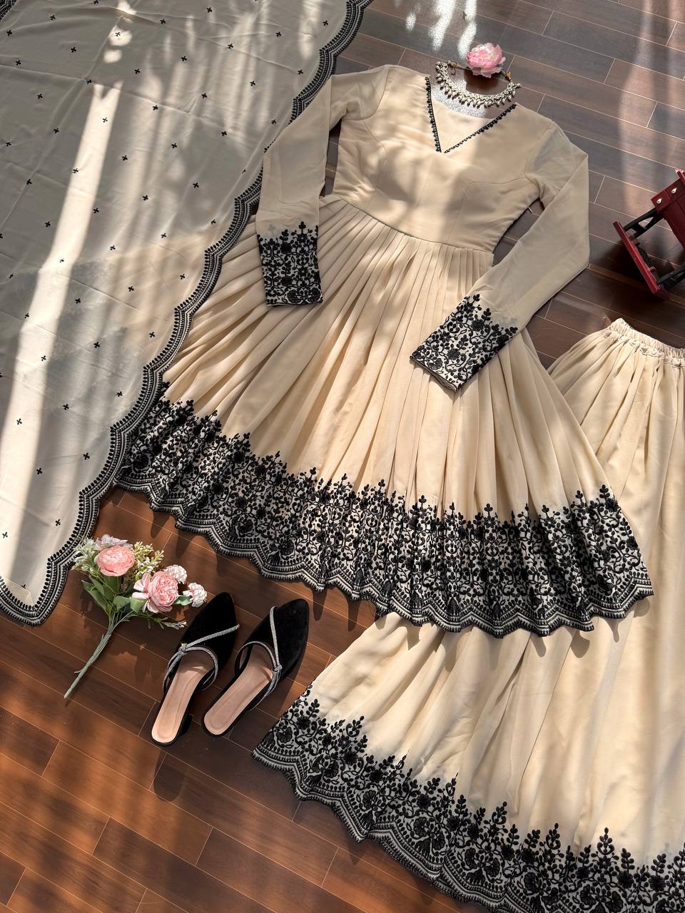 Premium Faux Georgette Embroidered Suit with Palazzo & Dupatta Set