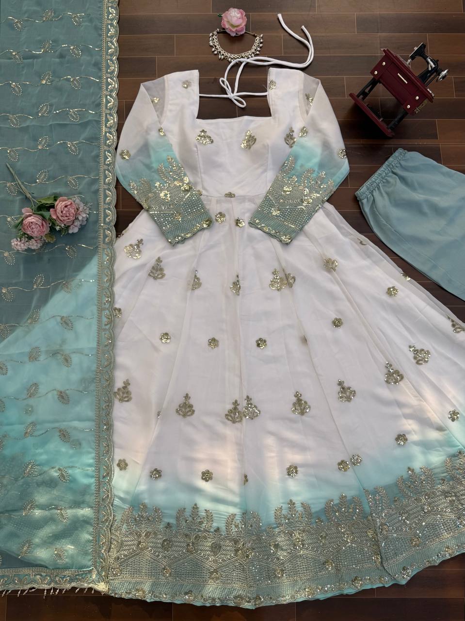 Elegant Star Georgette Embroidered Anarkali Suit with Pant & Dupatta
