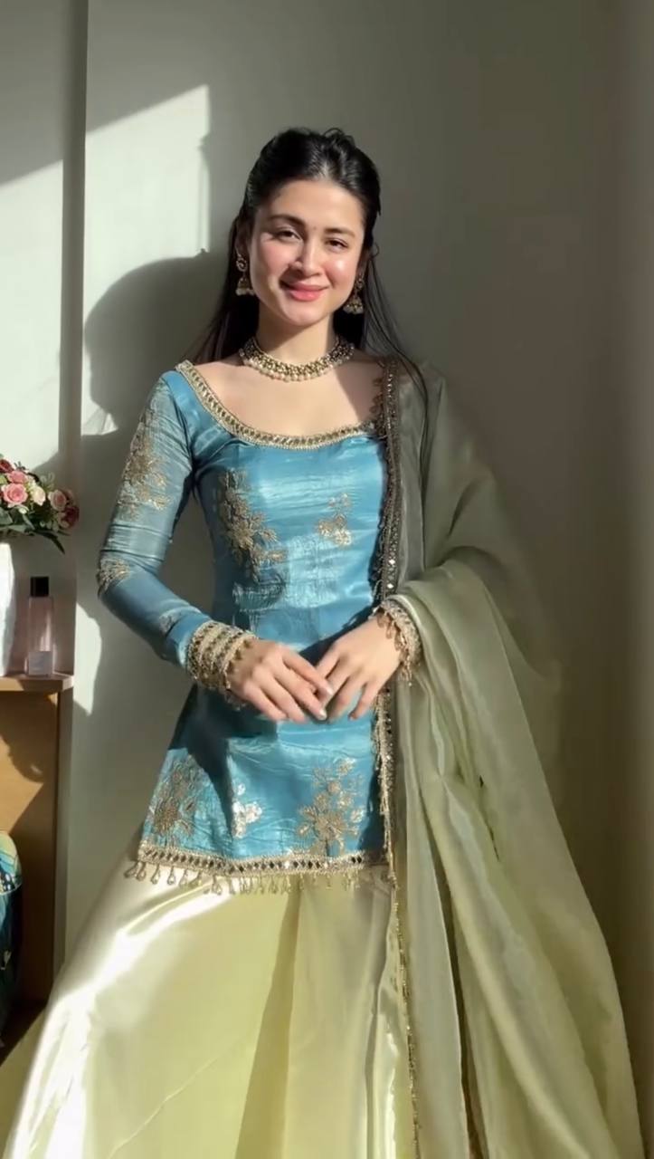 Premium Fendy Silk Mirror Work Top with Palazzo & Dupatta Set