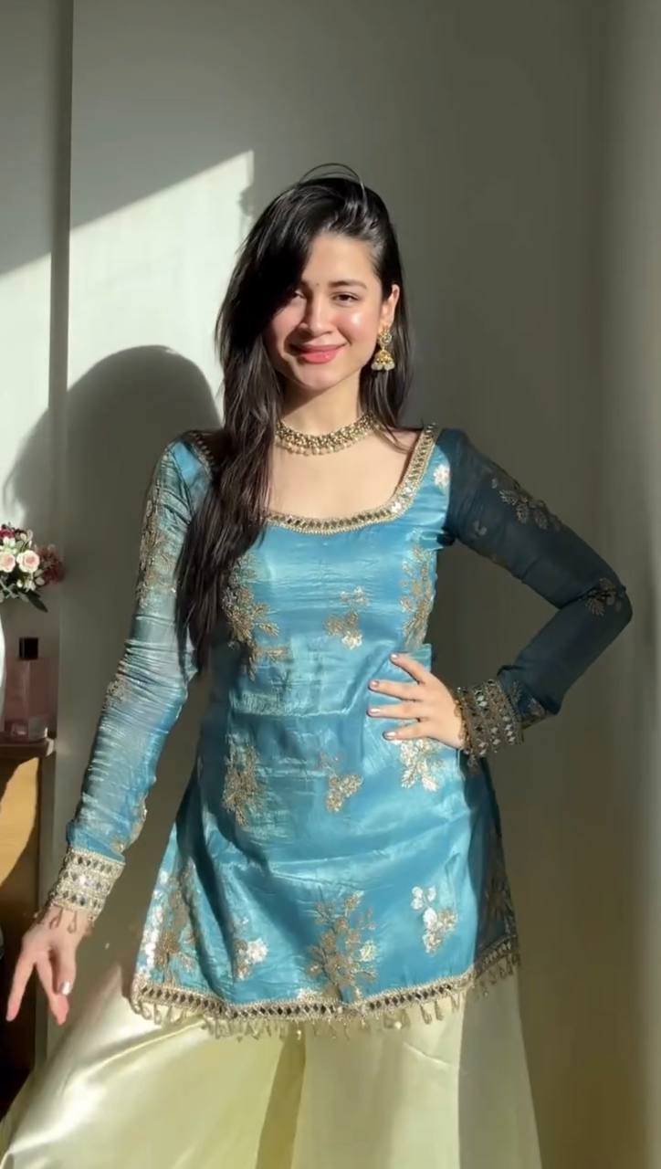 Premium Fendy Silk Mirror Work Top with Palazzo & Dupatta Set