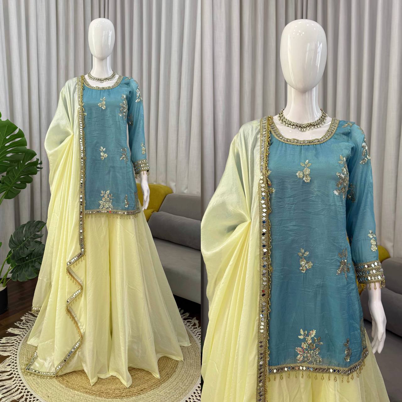 Premium Fendy Silk Mirror Work Top with Palazzo & Dupatta Set