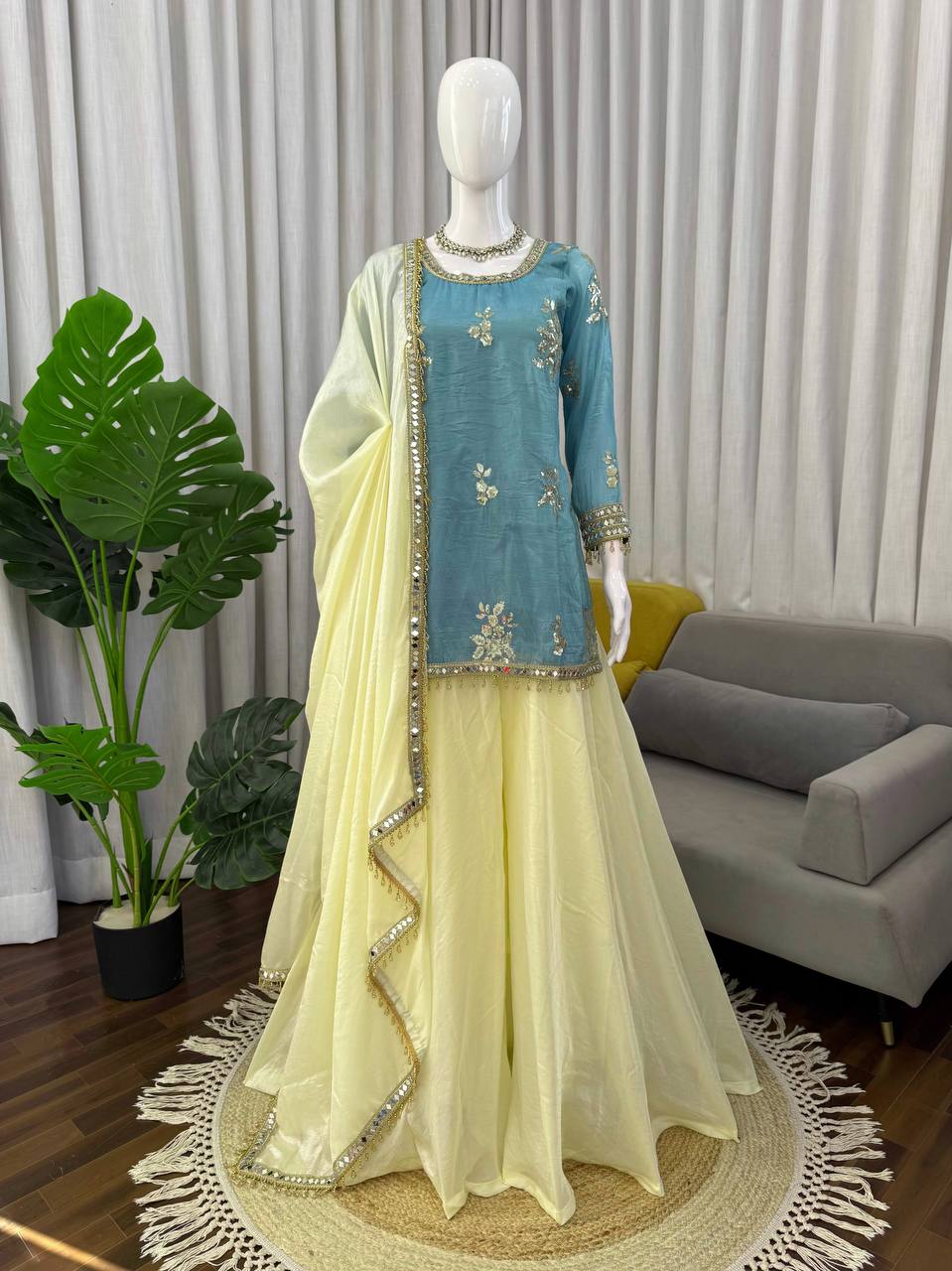 Premium Fendy Silk Mirror Work Top with Palazzo & Dupatta Set