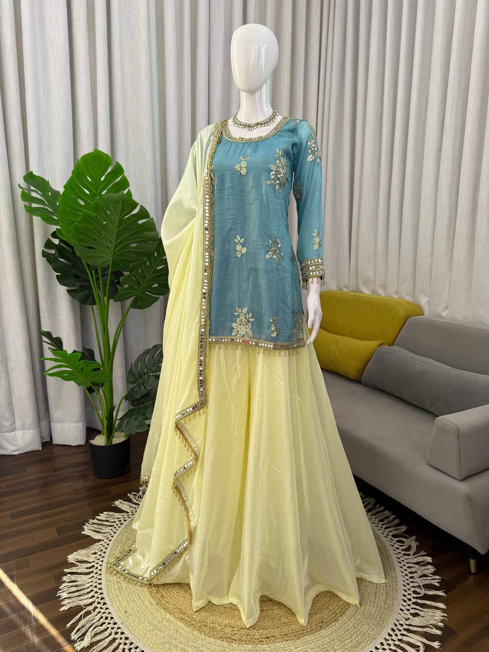 Premium Fendy Silk Mirror Work Top with Palazzo & Dupatta Set