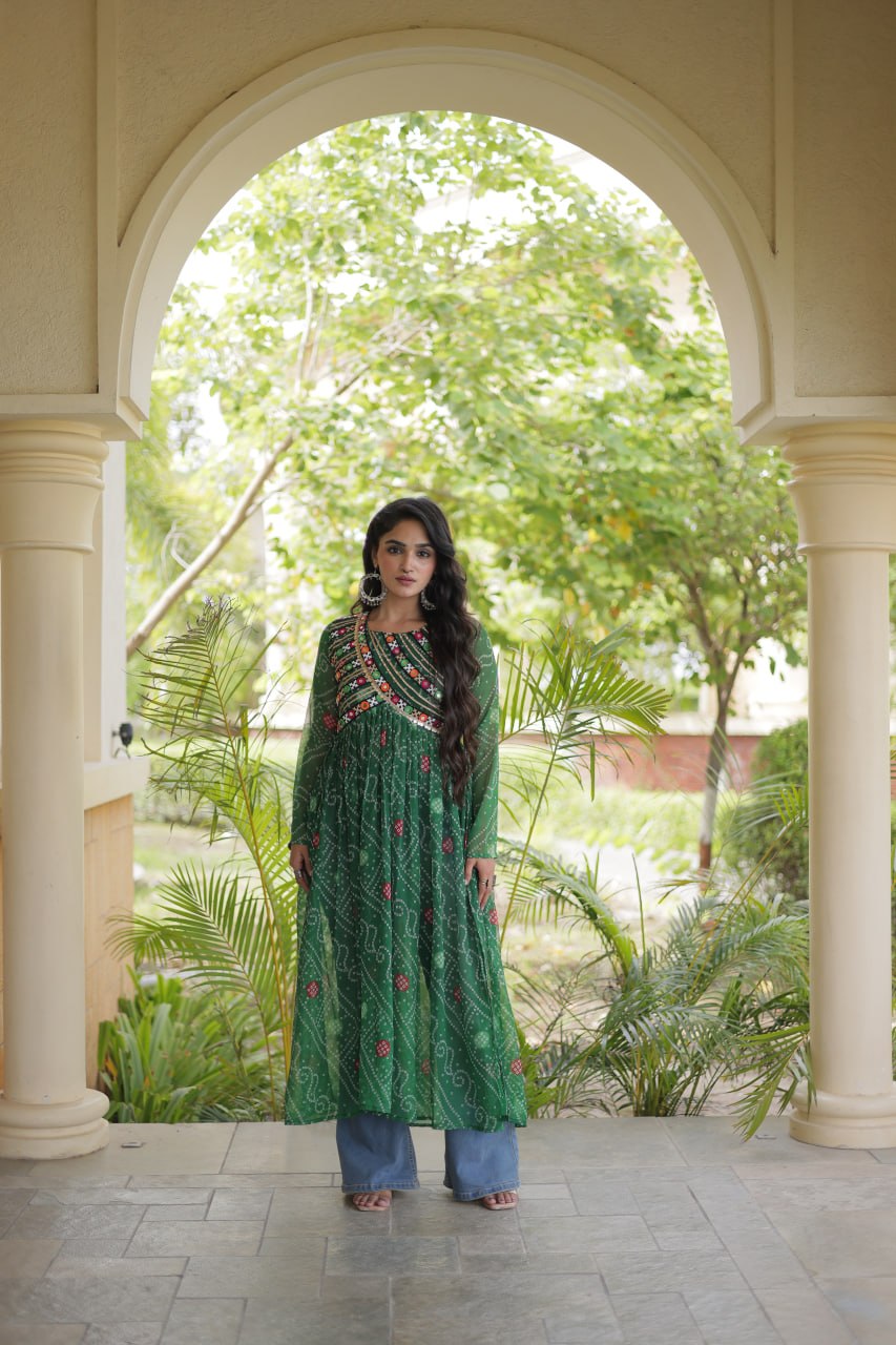 Navratri Special Bandhani Faux Georgette Kurti with Kutchi Work