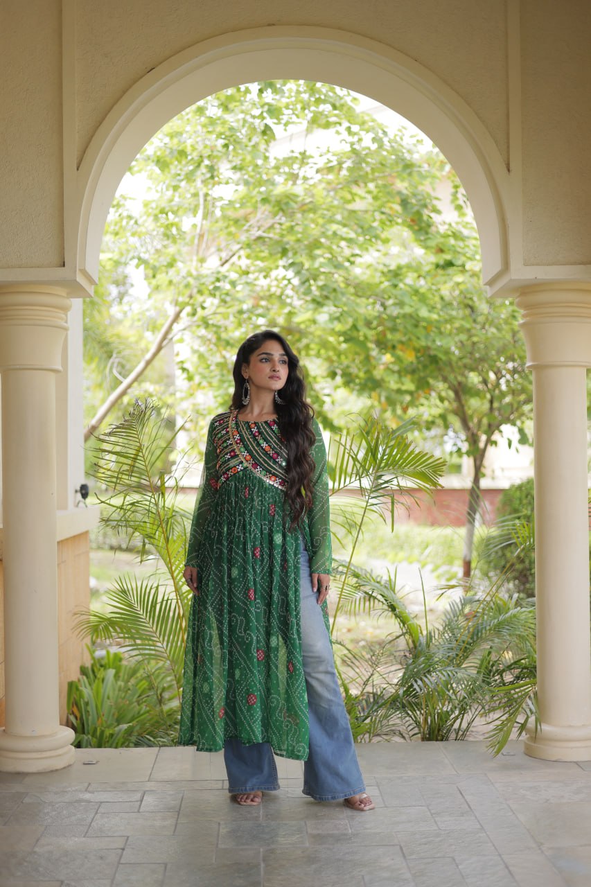 Navratri Special Bandhani Faux Georgette Kurti with Kutchi Work
