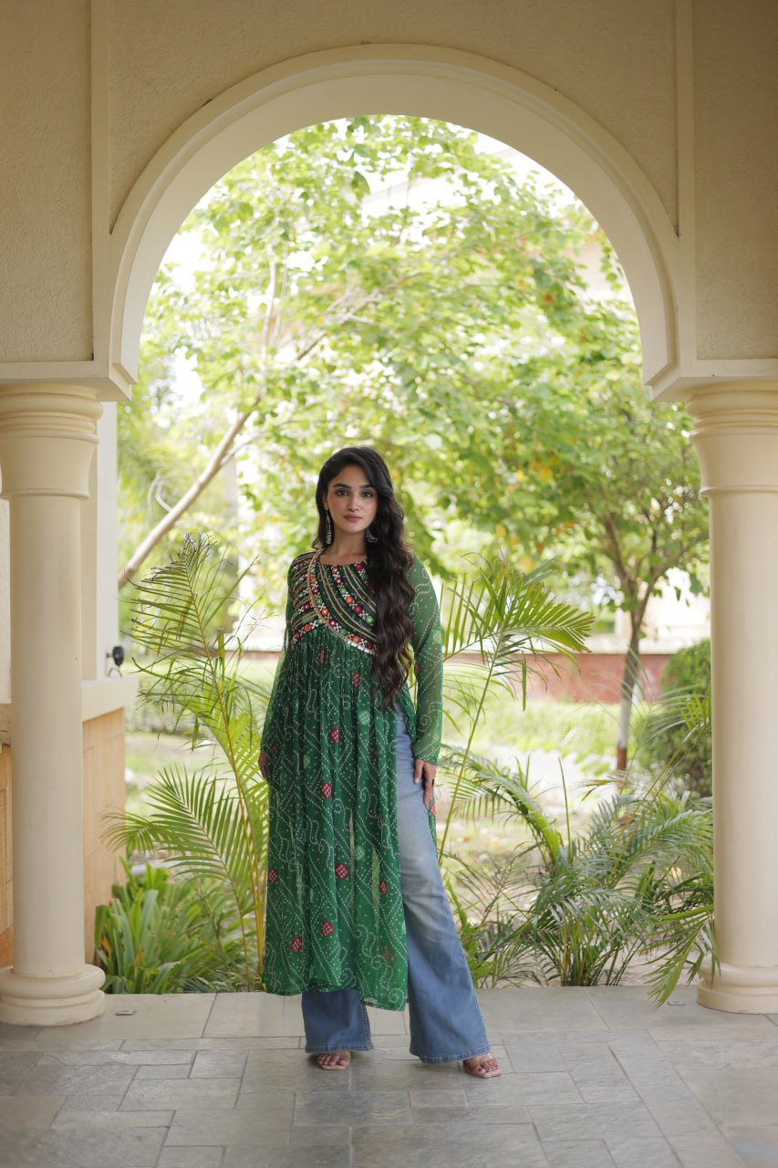 Navratri Special Bandhani Faux Georgette Kurti with Kutchi Work