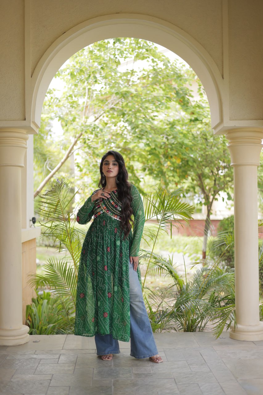 Navratri Special Bandhani Faux Georgette Kurti with Kutchi Work