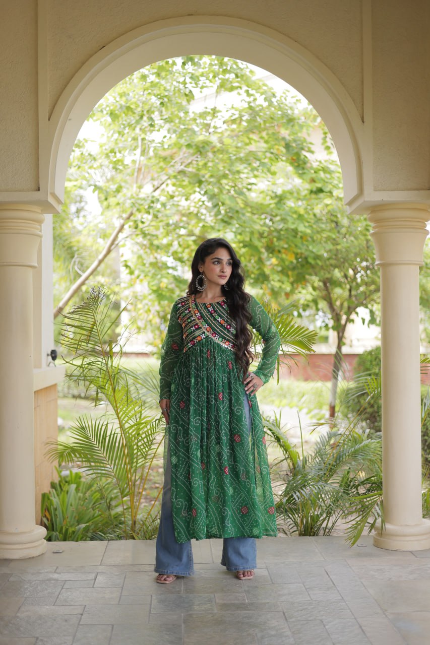 Navratri Special Bandhani Faux Georgette Kurti with Kutchi Work