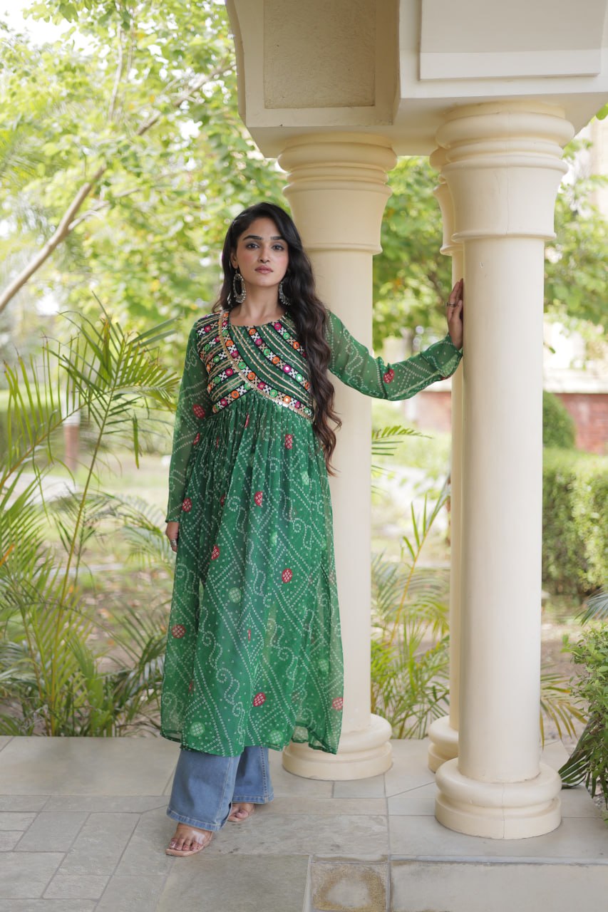 Navratri Special Bandhani Faux Georgette Kurti with Kutchi Work