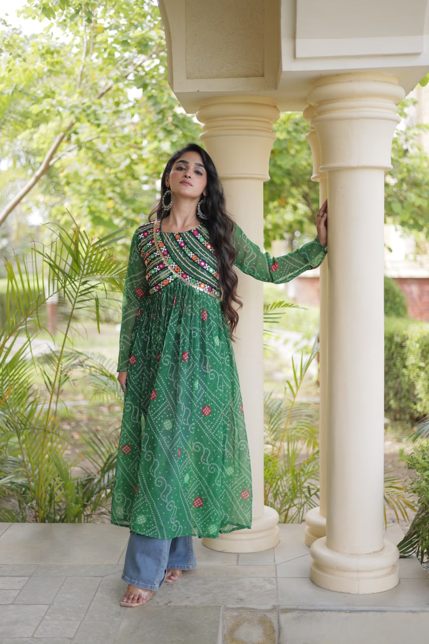 Navratri Special Bandhani Faux Georgette Kurti with Kutchi Work
