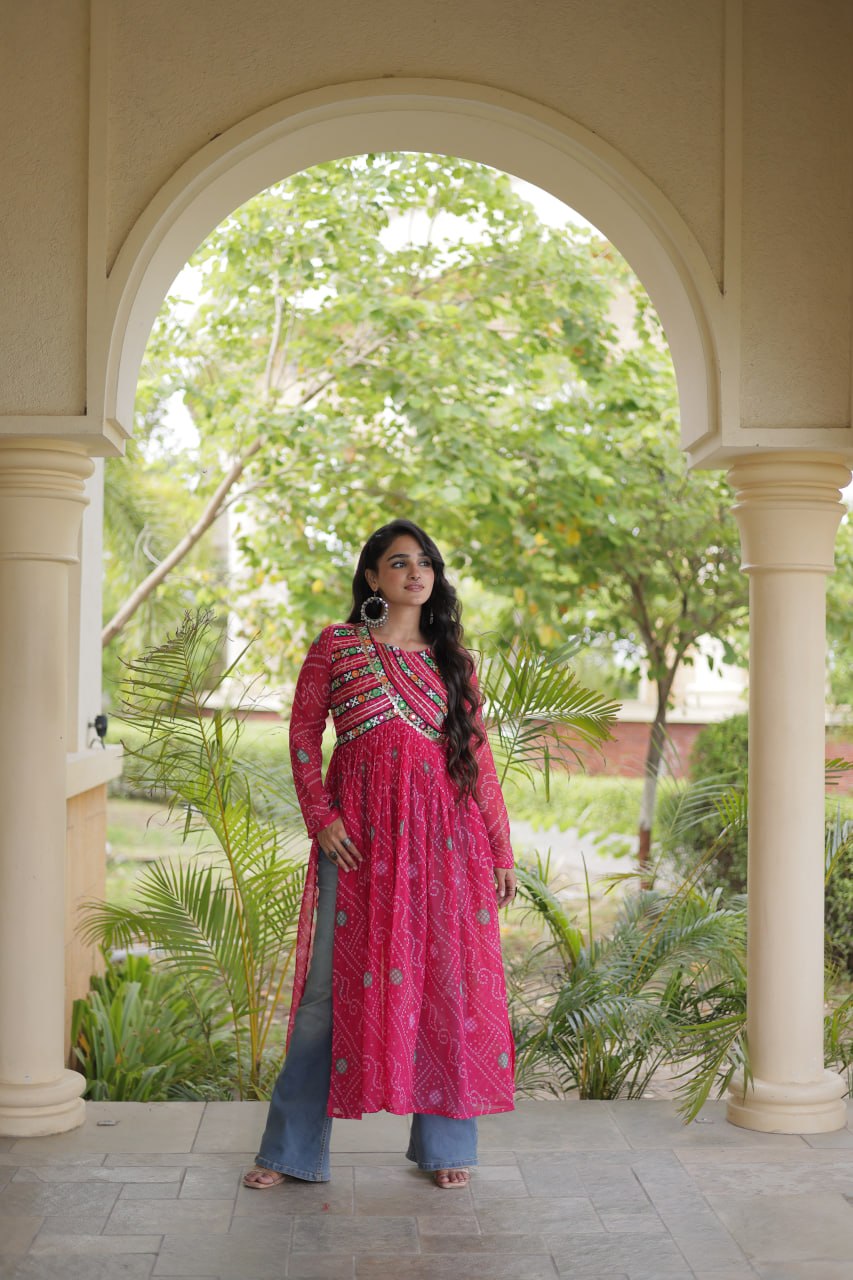 Navratri Special Bandhani Faux Georgette Kurti with Kutchi Work