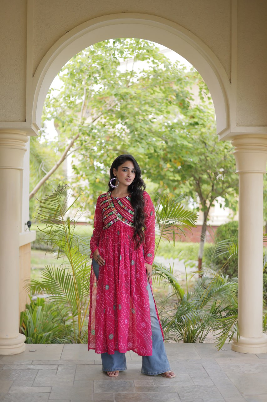 Navratri Special Bandhani Faux Georgette Kurti with Kutchi Work