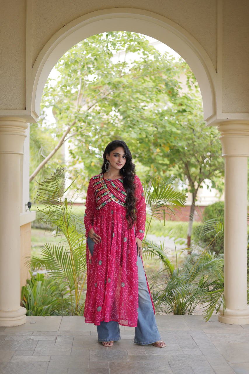 Navratri Special Bandhani Faux Georgette Kurti with Kutchi Work