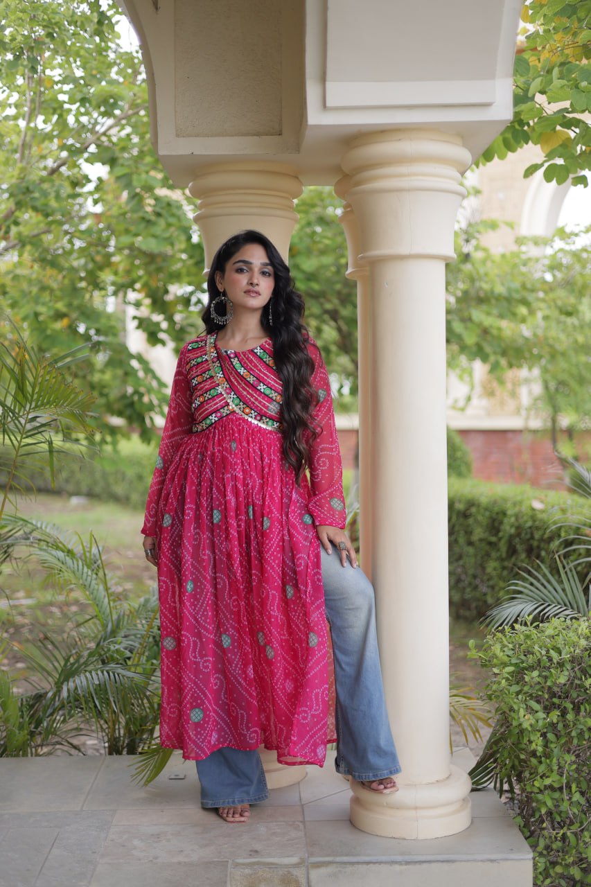 Navratri Special Bandhani Faux Georgette Kurti with Kutchi Work