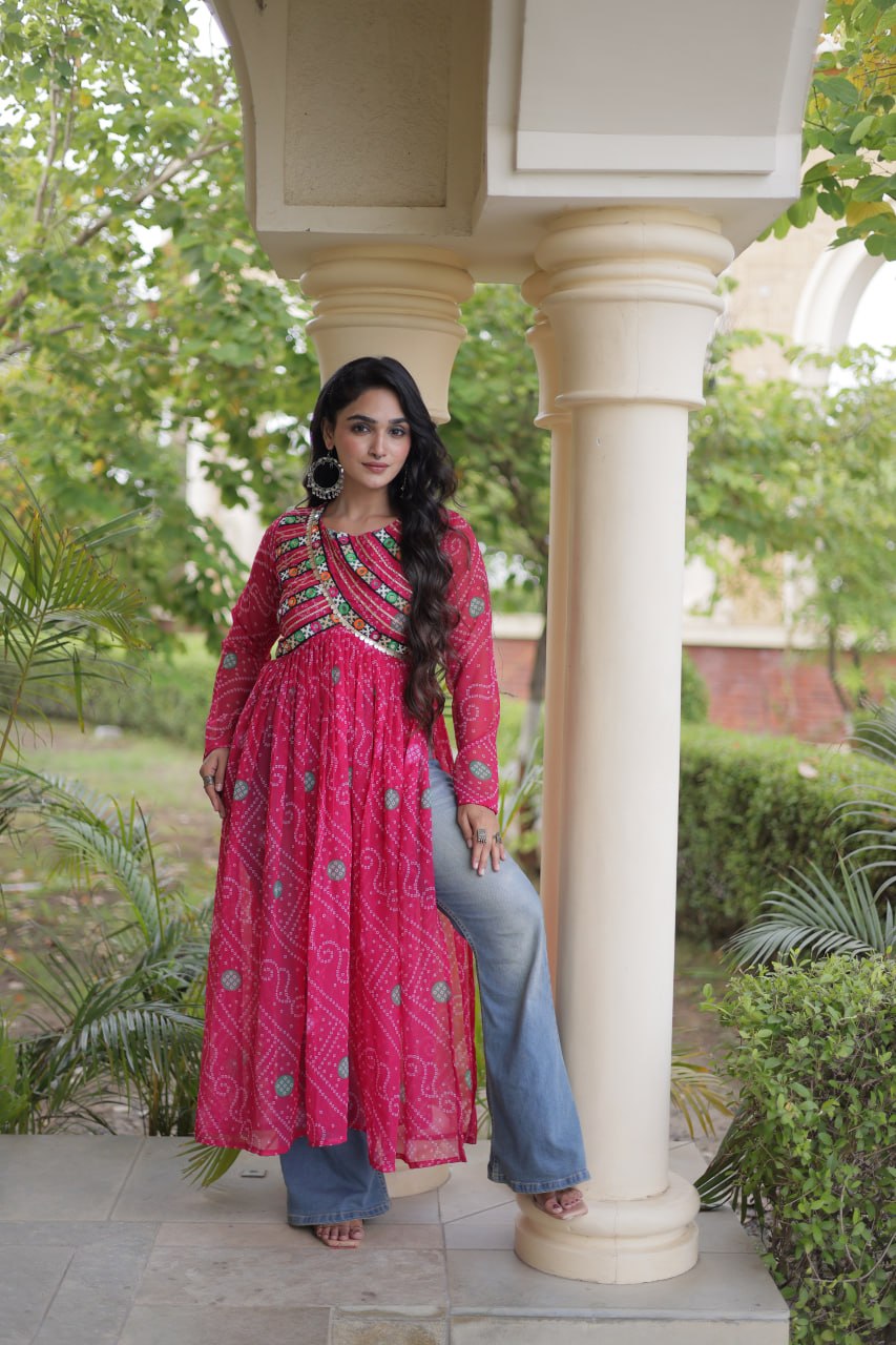 Navratri Special Bandhani Faux Georgette Kurti with Kutchi Work