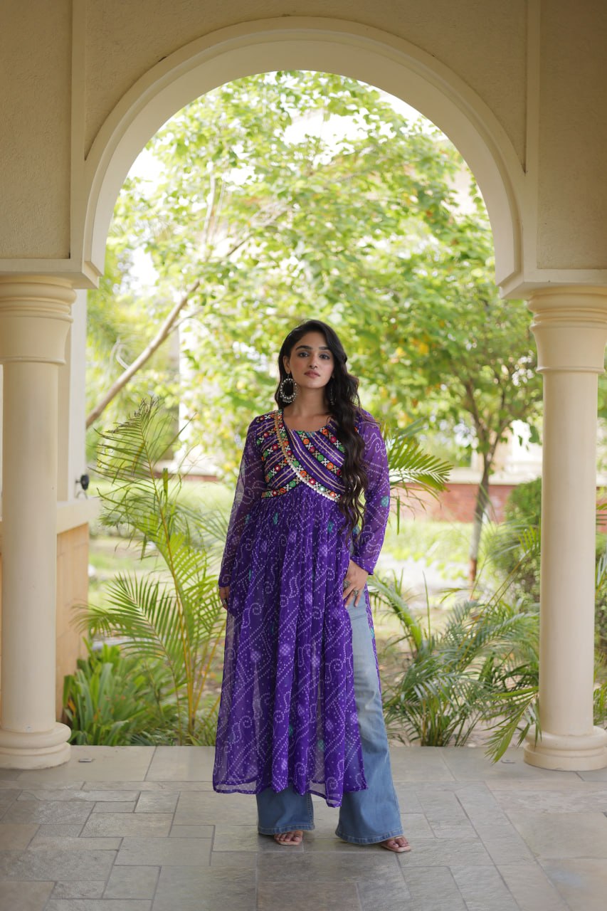 Navratri Special Bandhani Faux Georgette Kurti with Kutchi Work