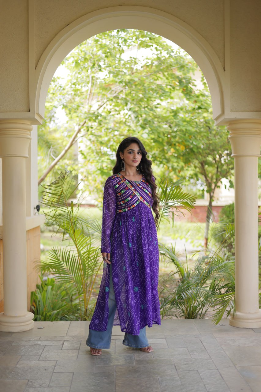 Navratri Special Bandhani Faux Georgette Kurti with Kutchi Work