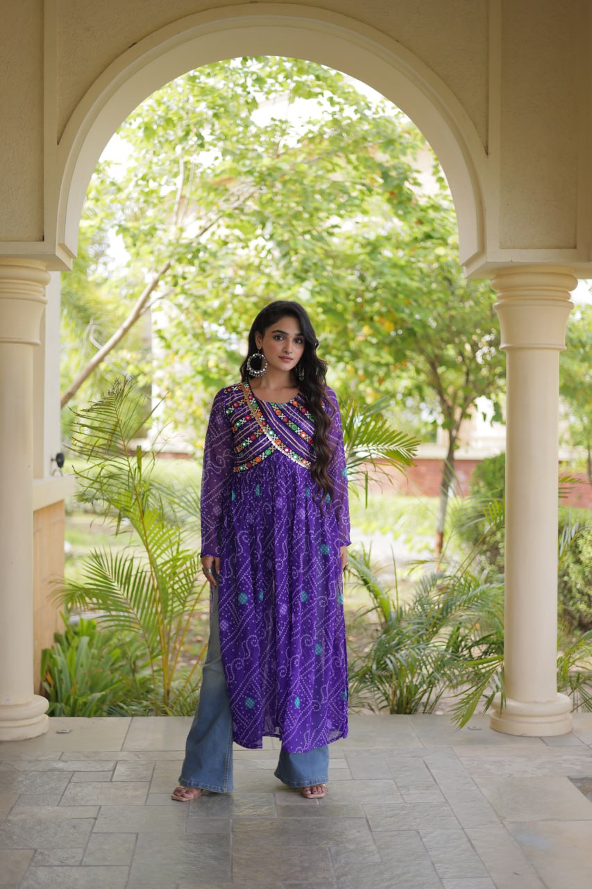 Navratri Special Bandhani Faux Georgette Kurti with Kutchi Work