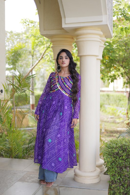Navratri Special Bandhani Faux Georgette Kurti with Kutchi Work