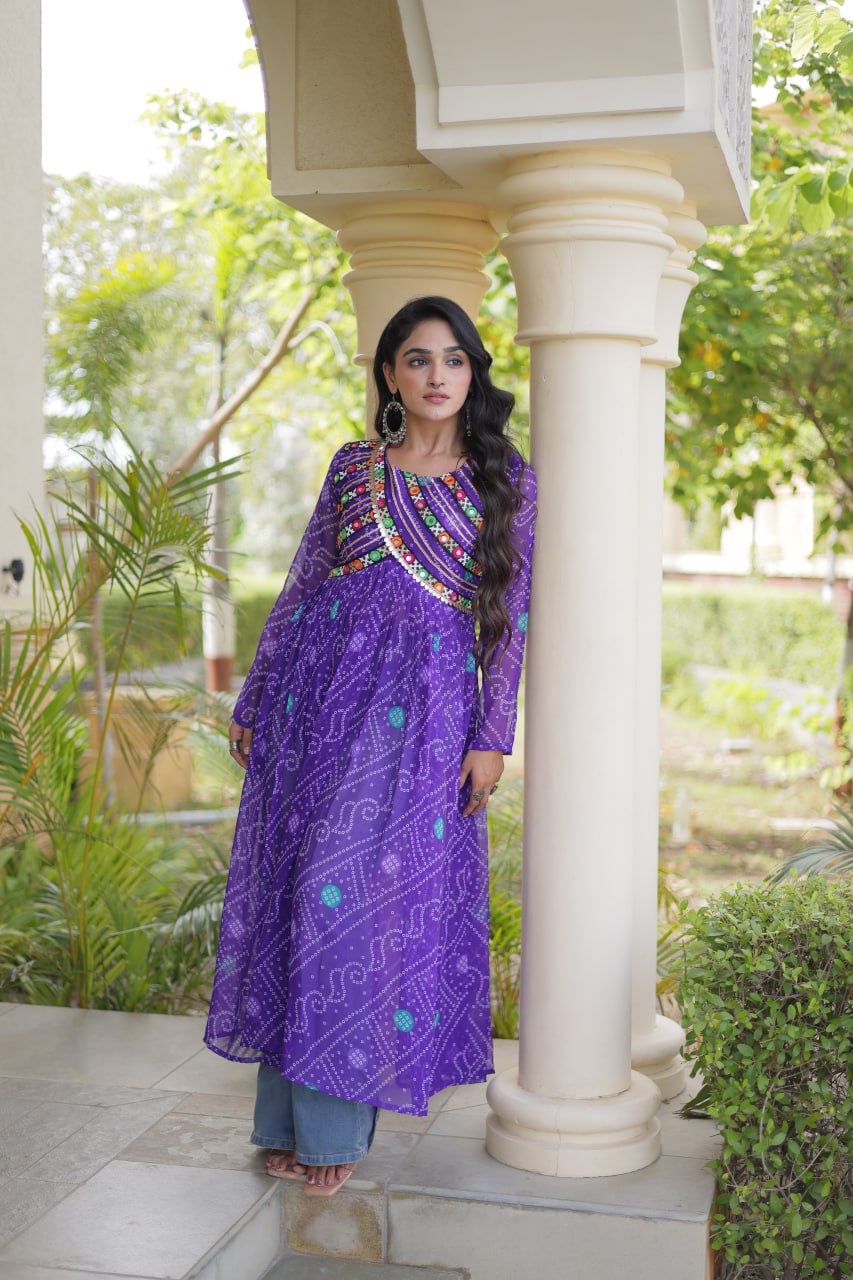 Navratri Special Bandhani Faux Georgette Kurti with Kutchi Work