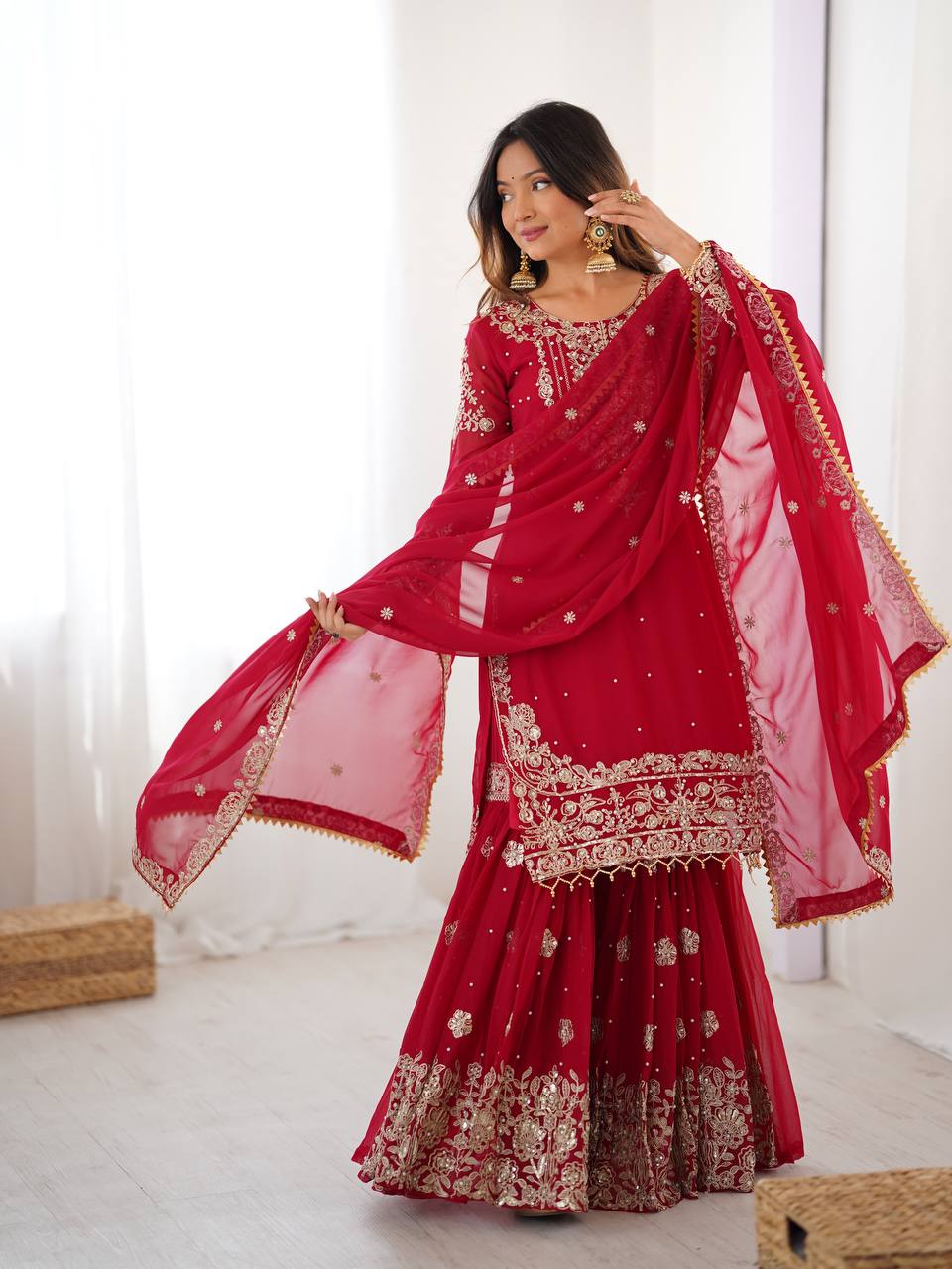 Designer Faux Georgette Top with Sharara & Embroidered Dupatta Set
