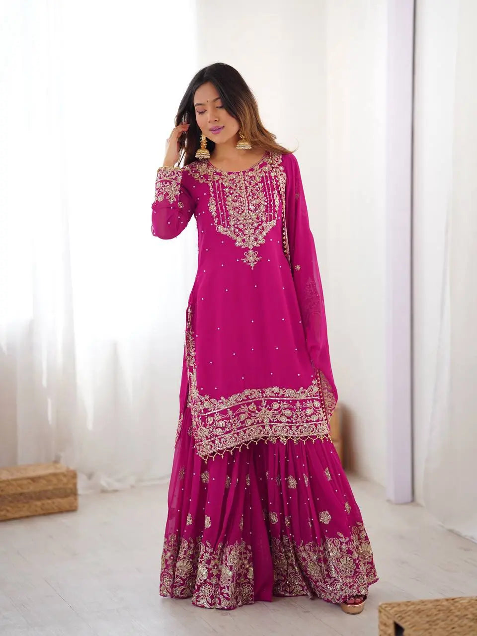 Designer Faux Georgette Top with Sharara & Embroidered Dupatta Set