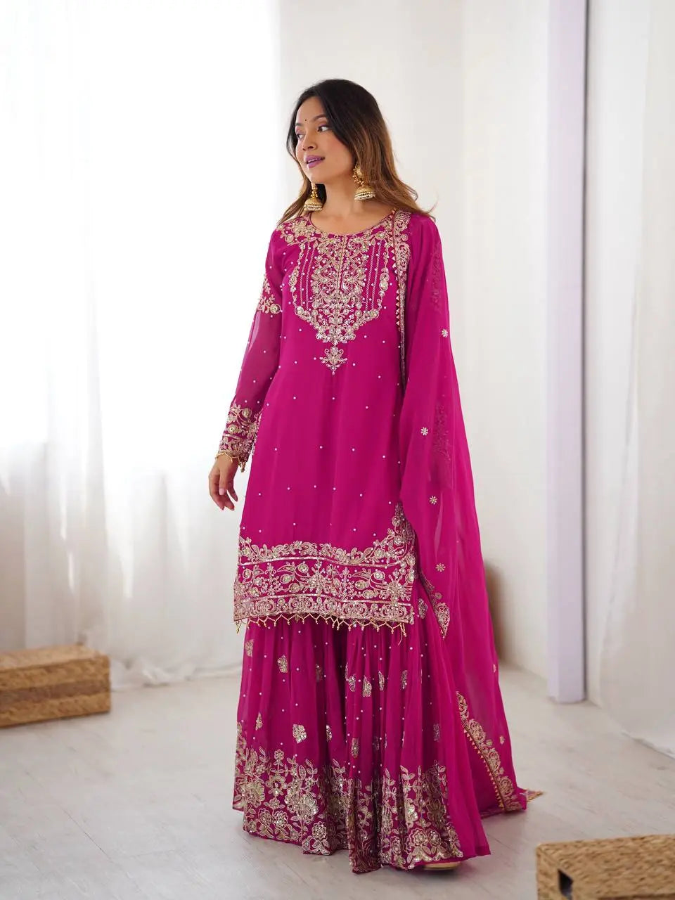 Designer Faux Georgette Top with Sharara & Embroidered Dupatta Set