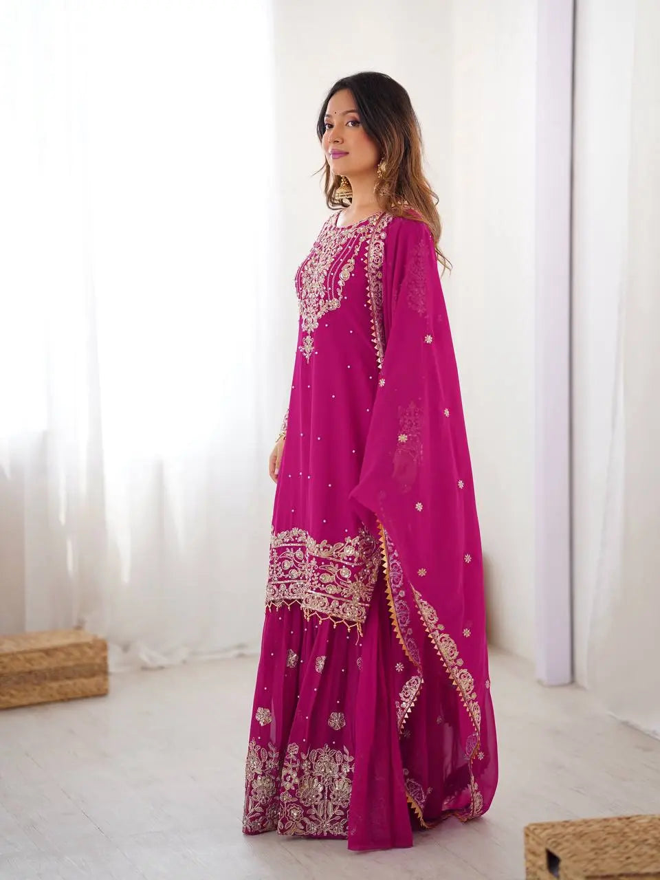 Designer Faux Georgette Top with Sharara & Embroidered Dupatta Set