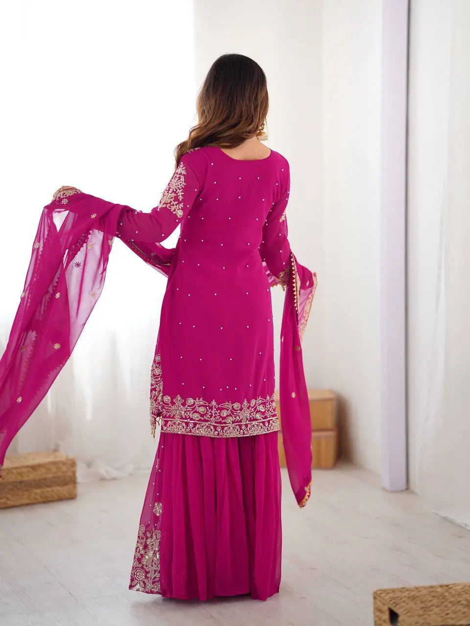 Designer Faux Georgette Top with Sharara & Embroidered Dupatta Set