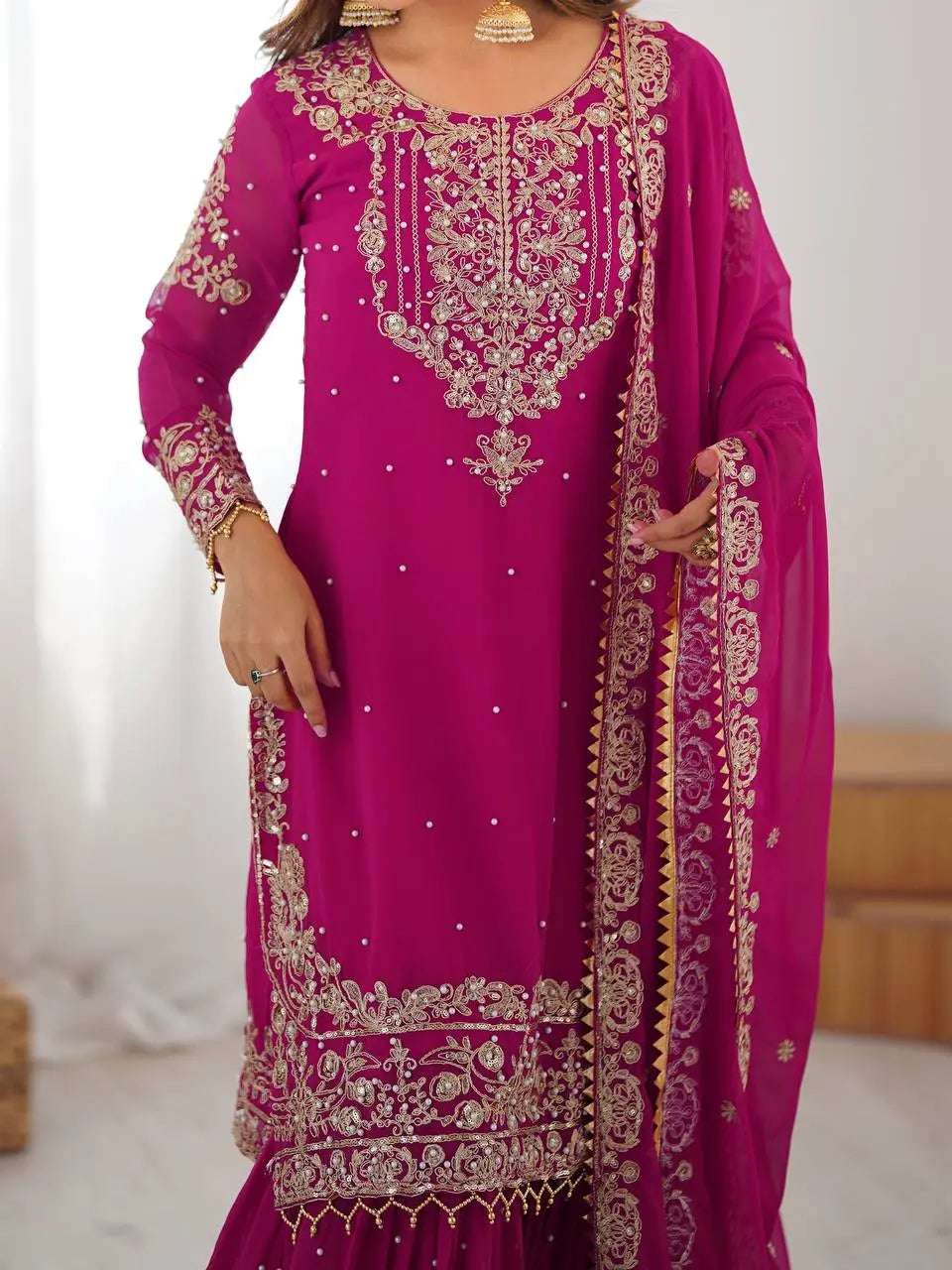 Designer Faux Georgette Top with Sharara & Embroidered Dupatta Set